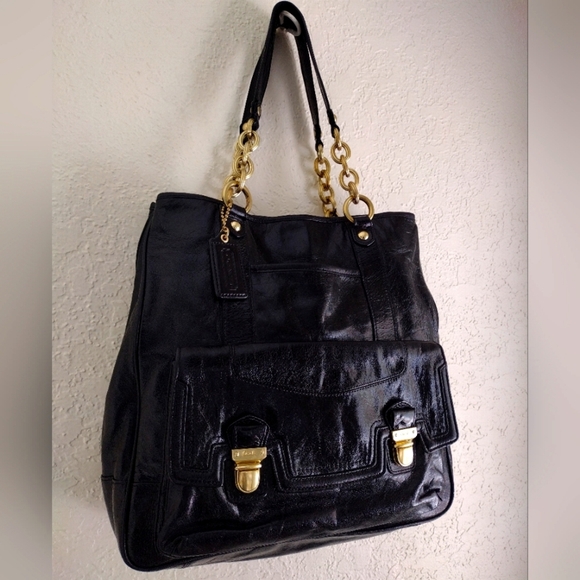 COACH Poppy Push lock Leather Shopper Tote Shoulder Bag - Picture 6 of 15